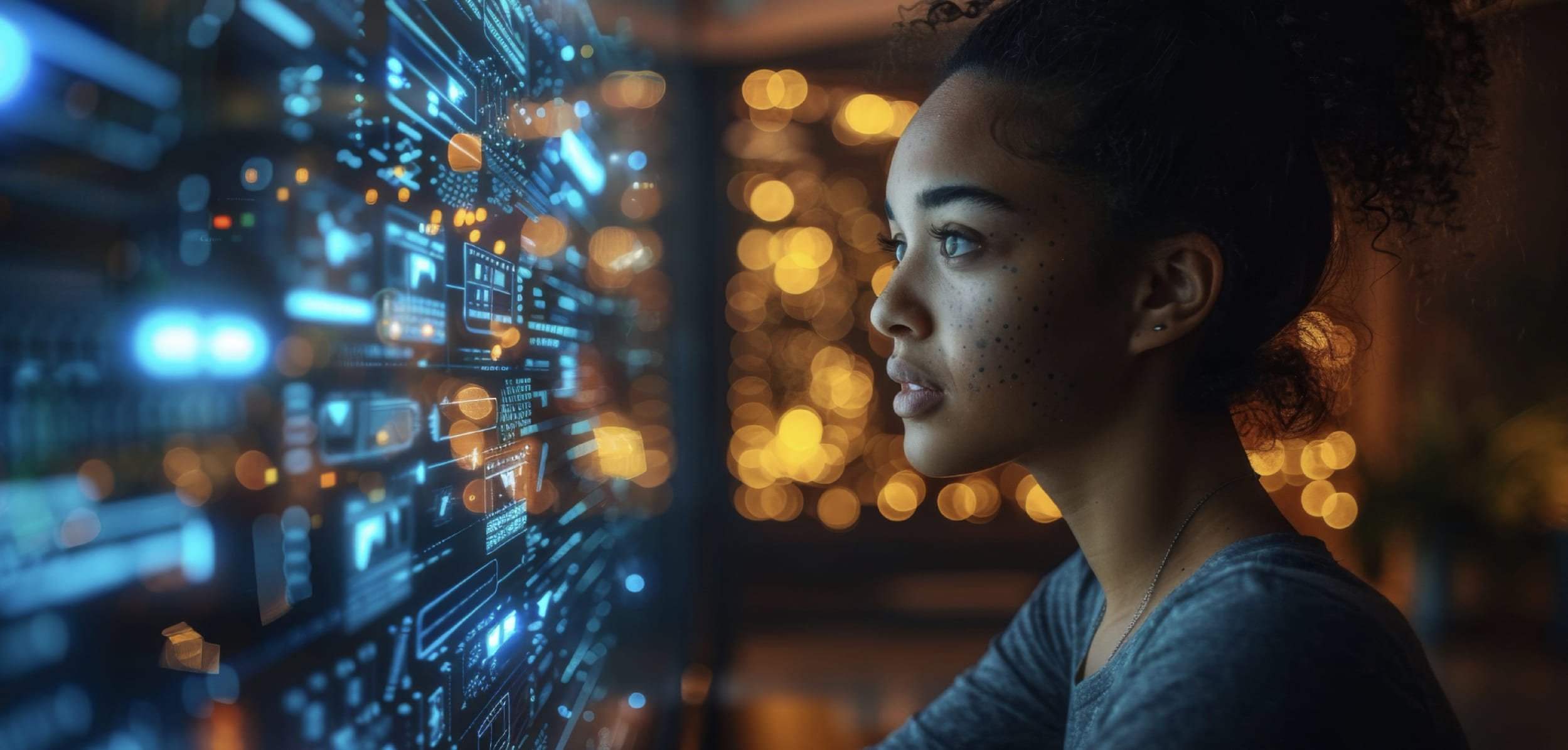 Mujer observando una interfaz digital proyectada